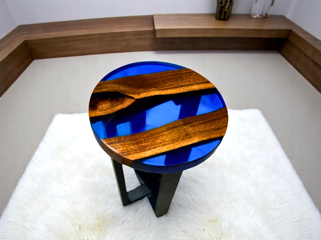 Transparent Blue Resin River Epoxy Table for Living Room 